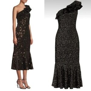 Shoshanna Black Gold Velvet Sequin One Shoulder Ruffle Mermaid Dress Cocktail 4
